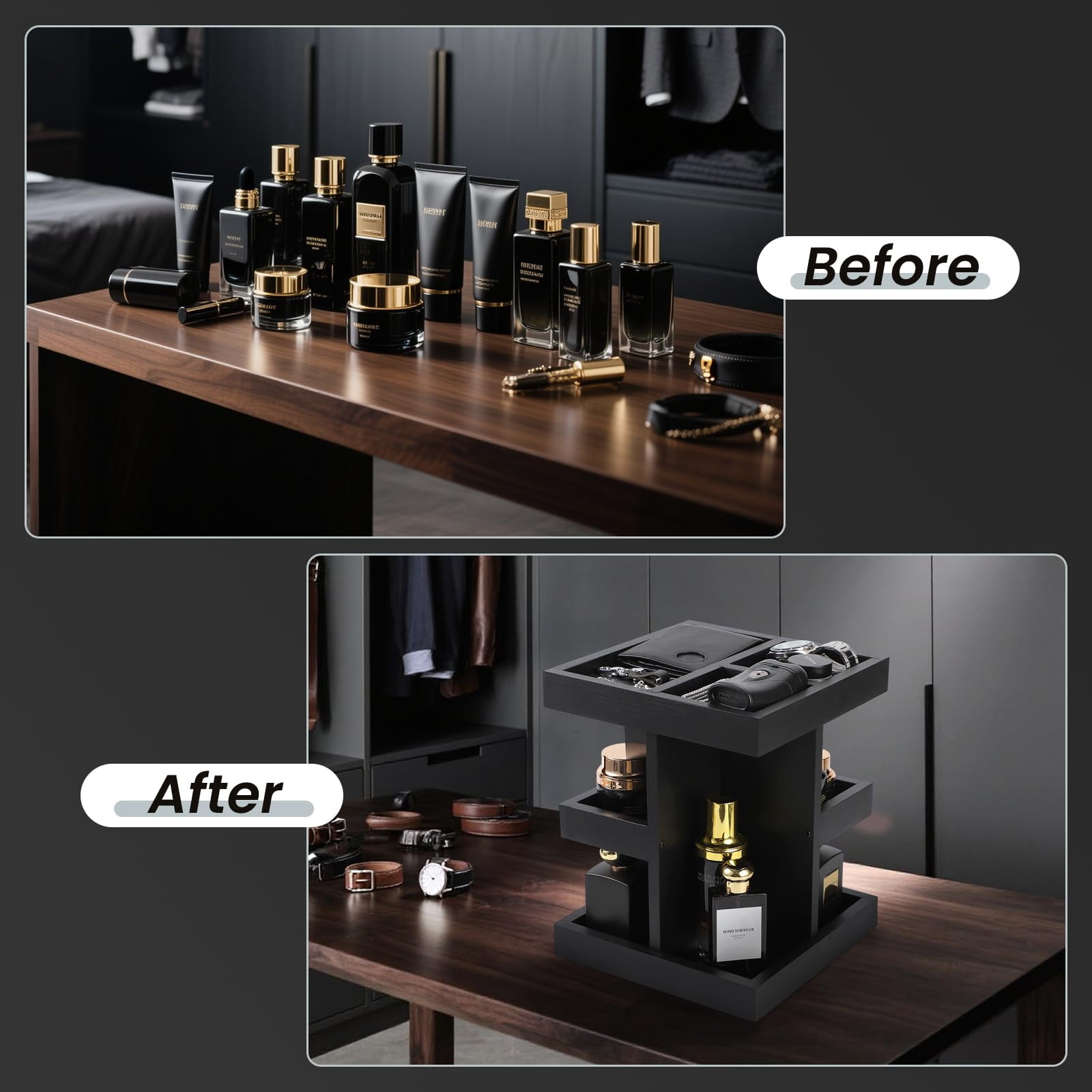 Cologne Organizer for Men, 3 Tier Rotating Perfume Organizer with Wood Display Shelf and Non Slip Base