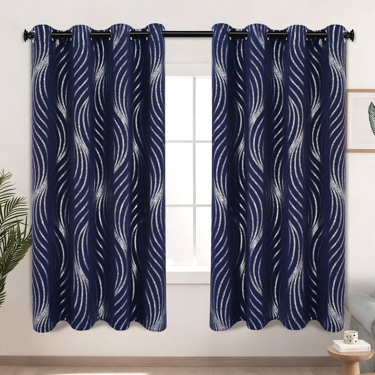 Alishomtll Navy Blue Blackout Curtains for Living Room ,Modern Metallic Silver Wave Pattern Bedroom Thermal Insulated Drapes ,2 Panel Set,52"x63"