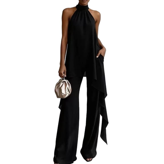 Quixlent Women's Chiffon 2 Piece Sets, Asymmetrical Halter Sleeveless Tops with Wide Leg Pants Summer Outfits, Casual Vacation Lounge Matching Set