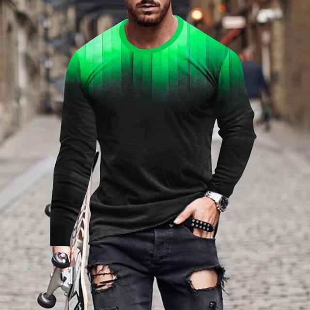AherBiu Plus Size Men Long Sleeve Shirts Crew Neck Pullover Shirt Fall Winter Gradient Athletic Running Outdoor Shirts 