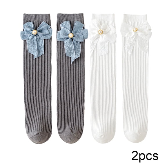 LYMAYTER Girls Cotton Knee High Socks 2 Pairs for Kids Baby Bowknot Solid Colours Thigh High Sock Toddler Casual Stacked Socks for 3-12 Years