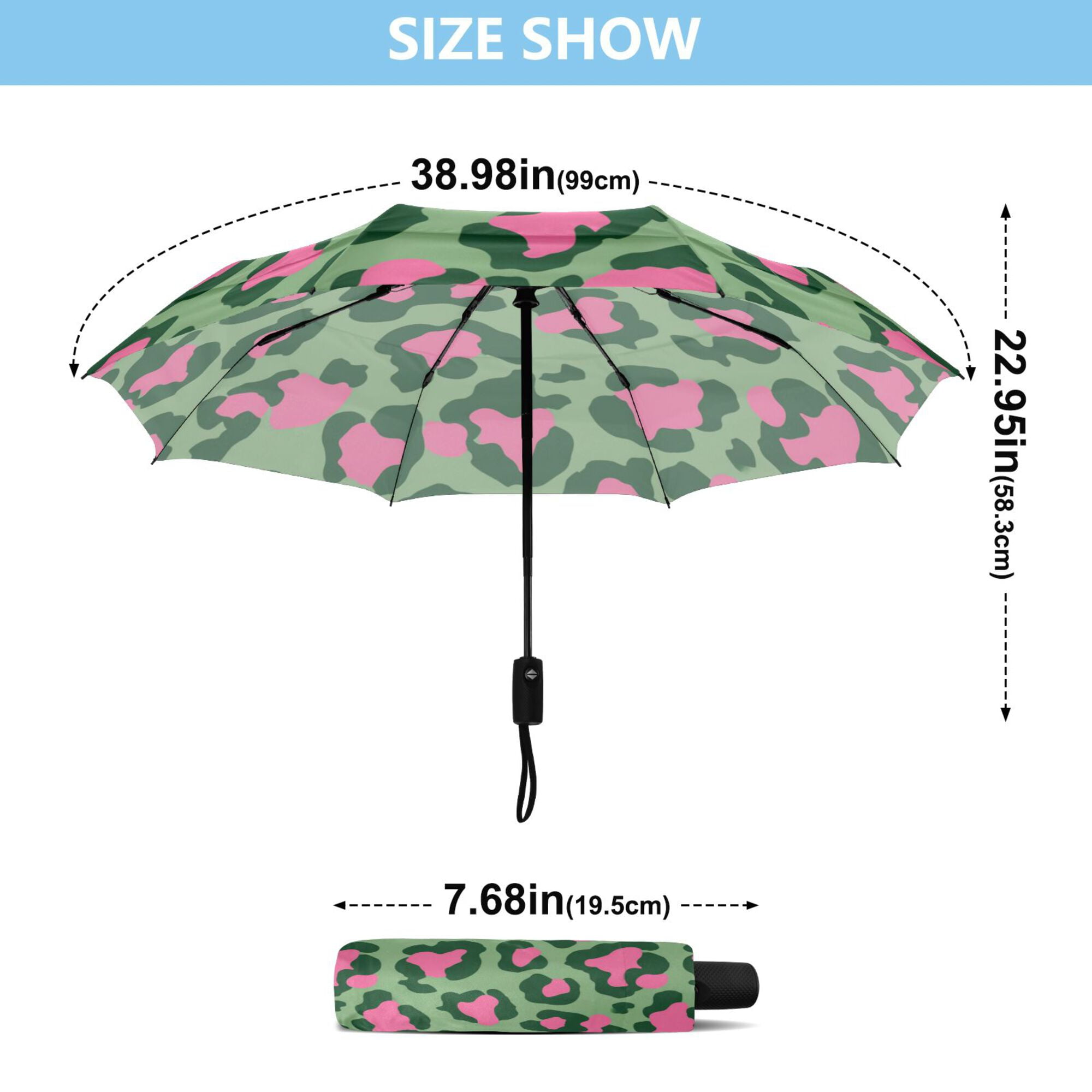 21" Inch Auto Open Close Folding Umbrella Windproof Waterproof Full Print 8-Rib Compact Travel Umbrella for Rainy Days Leopard Print with Pink Accents
