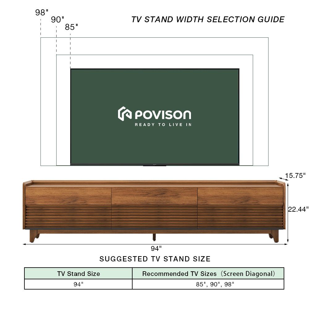 POVISON-94.49" Mid-Century Matte Sintered Stone Tabletop TV Stand, Modern Entertainment Center, Walnut Color Cabinet with Adjustable Light, Fully-Assembled, Perfect for 85-inch TVs