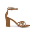 thumbnail image 3 of BLISSFUL STEP Women's Shoes Rhinestone Crisscross Strappy Block Heel Faux Suede Ankle Buckle Sandals Brown 8, 3 of 7
