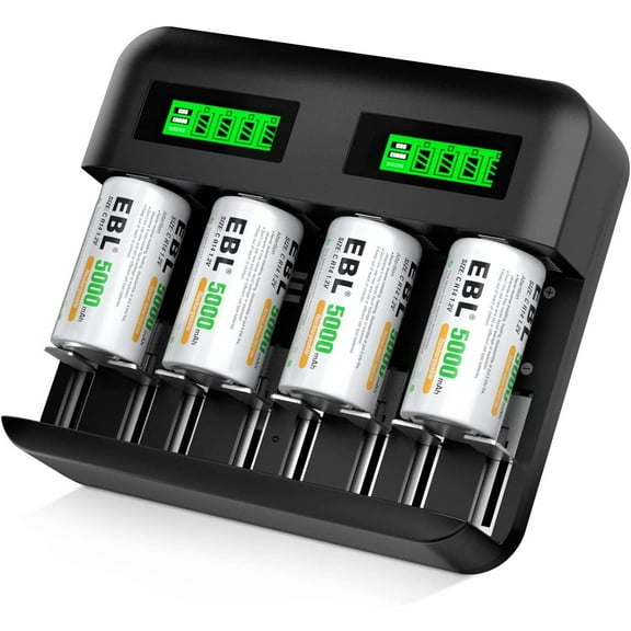 EBL Rechargeable C Batteries (4 Pack) and LCD Battery Charger for Ni-MH AA AAA C D Rechargeable Batteries