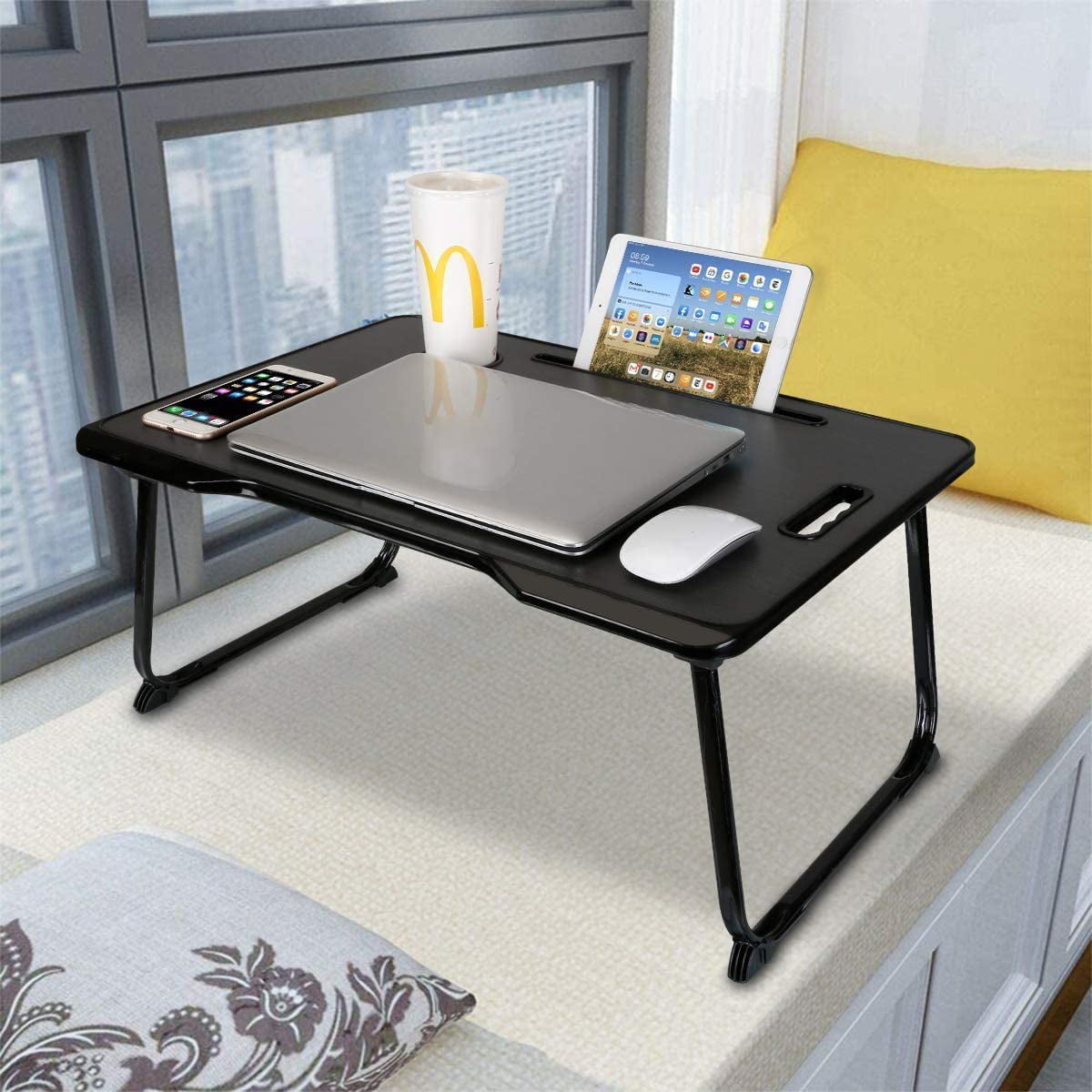 A Bed Desk Portable Tray Laptop Table Notebook Stand Reading Holder with Foldable Legs & Cup Slot Reading Book Watching Movie on Bed/Couch/Sofa 