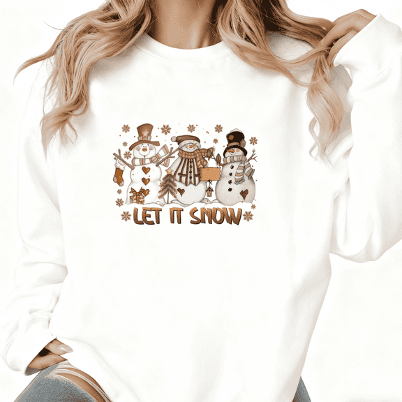 Snowman Print Sweatshirt Let It Snow Christmas Graphic Sweatshirt White S-3XL Tops