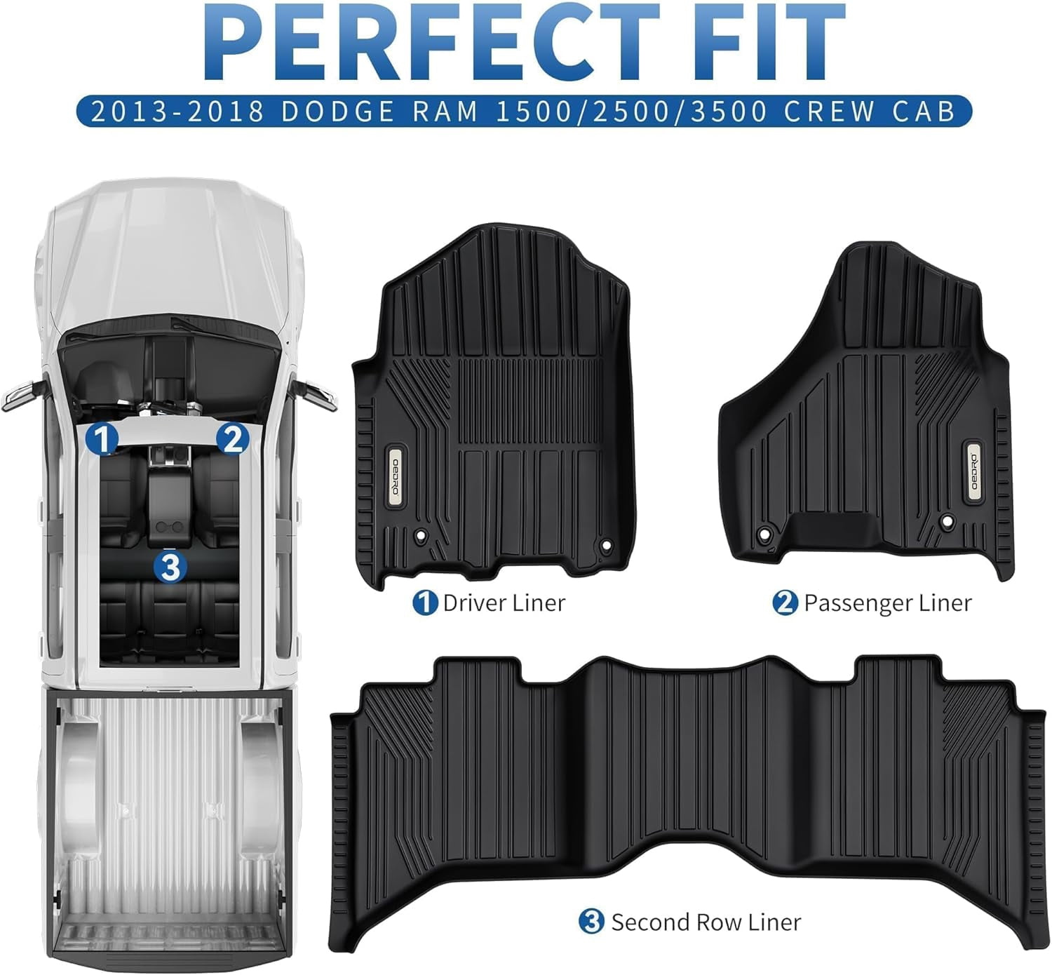 RVNI Floor Mats for 2013-2018 Dodge Ram 1500 2500 3500 Crew Cab All Weather mat Liners