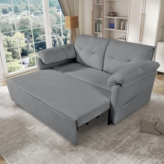 Convertible Pull-Out Queen Sleeper Sofa, 3-in-1 Loveseat with Side Storage & 8 Silent Casters, Thick Padded Chenille Sofa for Living Room, Bedroom, Apartment, Grey