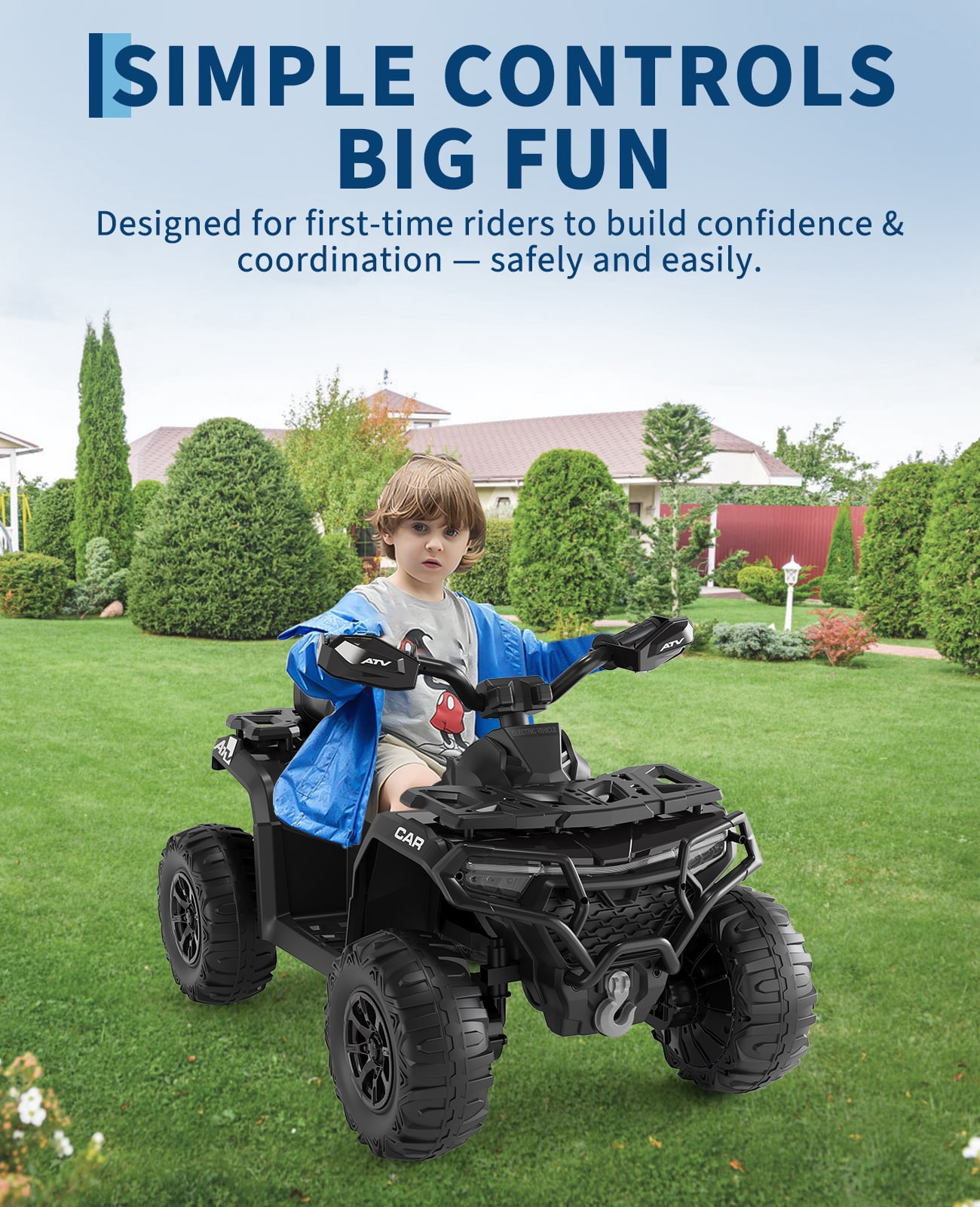 Roromall 12V Kids Ride on ATV Car w/Parent Remote Control, Spring Suspension, LED Lights, USB, Music, Volume Control, Off-Road 4 Wheeler w/LED Flag for Boys & Girls Ages 3+