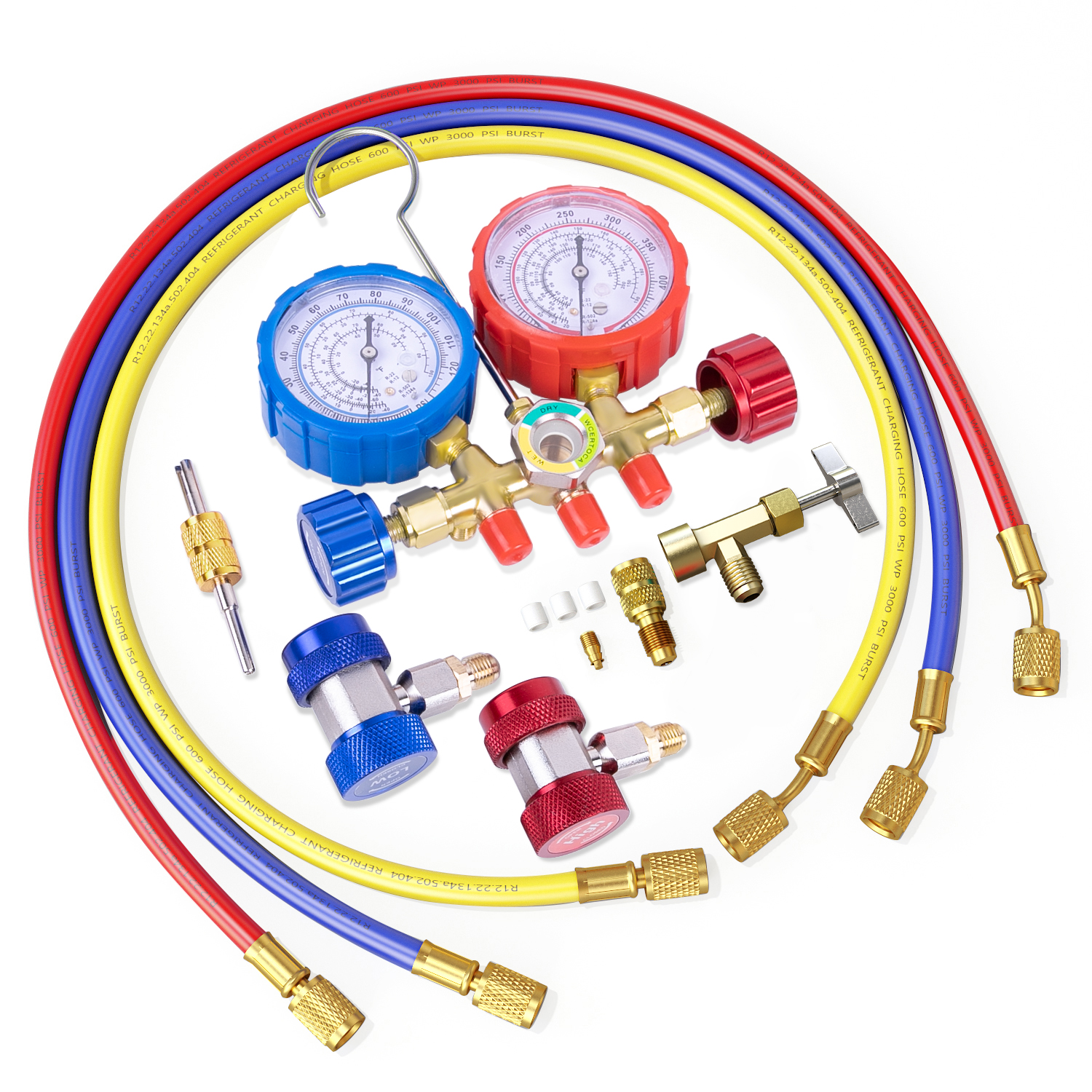 2022 UPGRATE Version Way AC Manifold Gauge Set, Fits R134A R12 R22 and R502  Refrigerants, with 5FT Hose, Acme Tank Adapters, Couplers and Can Tap 