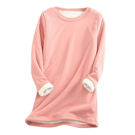 Rollbacks! ZQGJB Plus Size Womens Pullover Fleece Crewneck Sweatshirt Casual Warm Sherpa Lined Sport Loungewear Underwear Tops Solid Color Thick Velvet Tunic Blouse(Watermelon Red XXXXXL)