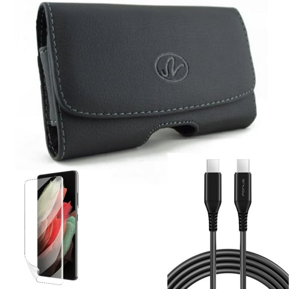 Matte Screen Protector & 6ft Long USB-C Cable & Case Belt Clip for Samsung Galaxy S22 Plus (S22 ) - Combo TPU Film Anti-Glare & PD Fast Charger Cord Power Wire & Leather Swivel Holster