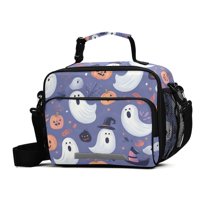 FORMRS Student Lunch Bag Insulated Reusable Cooler Box with Zipper Pockets, Blue Cute Halloween