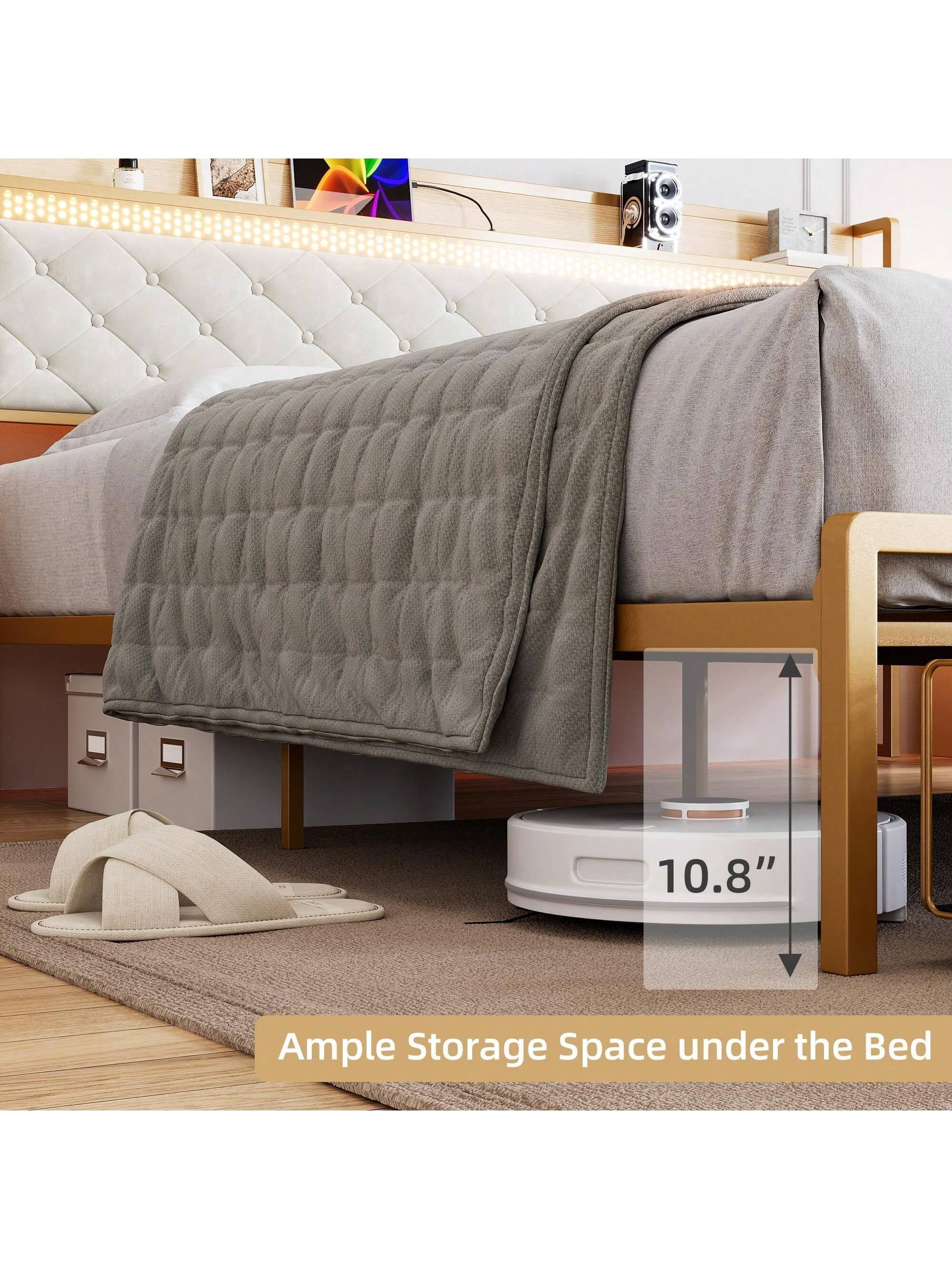 White King size bed King Size Bed Frame, Platform Bed Frame With RGB LED Lights And 2 Storage Drawers Headboard, Upholstered Bed Frame With USB Ports & Outlets And Storage Headboard, Noise Free, Whi