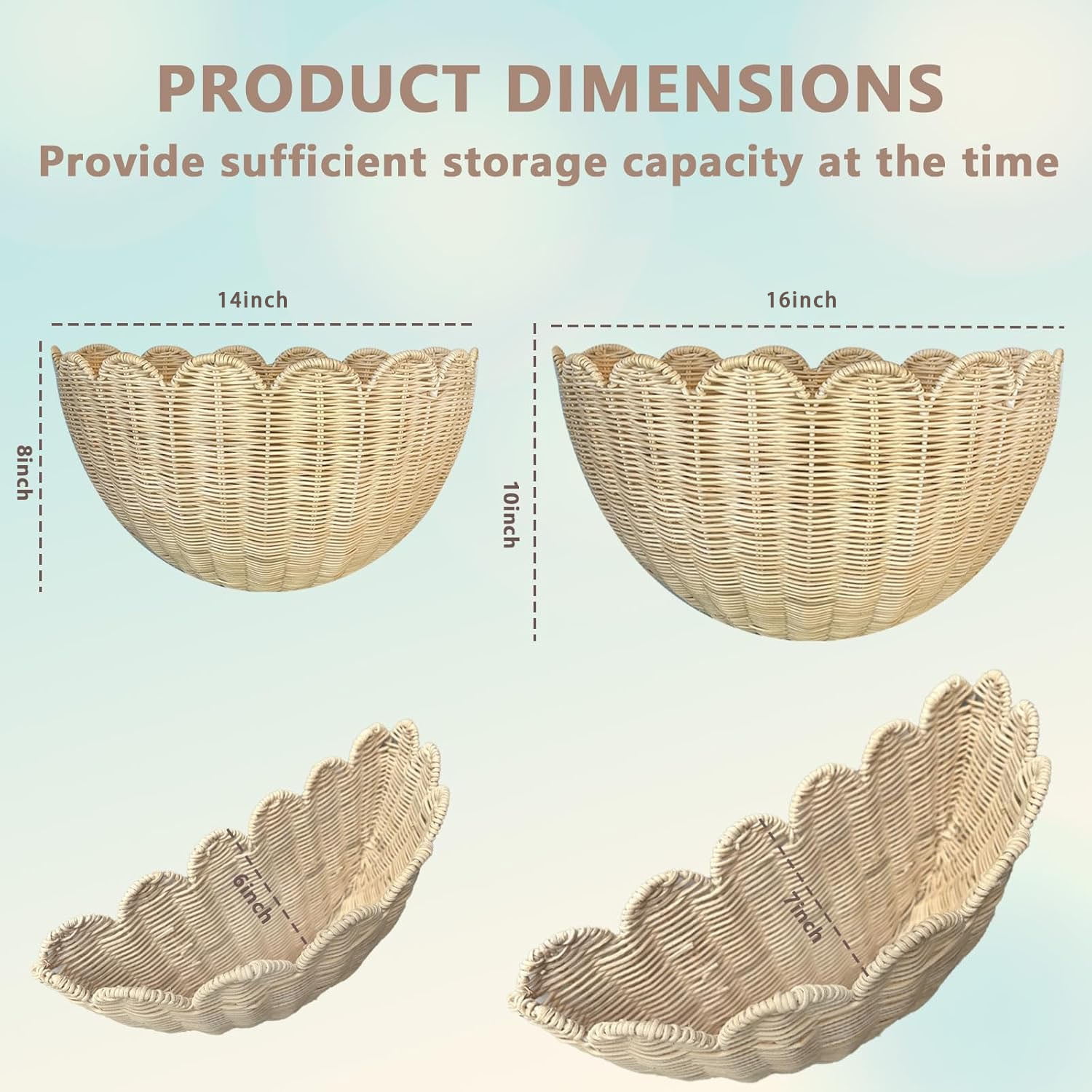 Scalloped Wall Basket,Hand Woven Hanging Wicker Wall Baskets Set,  Scalloped Rattan Wall Basket Decor for Home,Bathroom,Living Room Organizing, 1pcs, 16 x 10 x 7 Inch