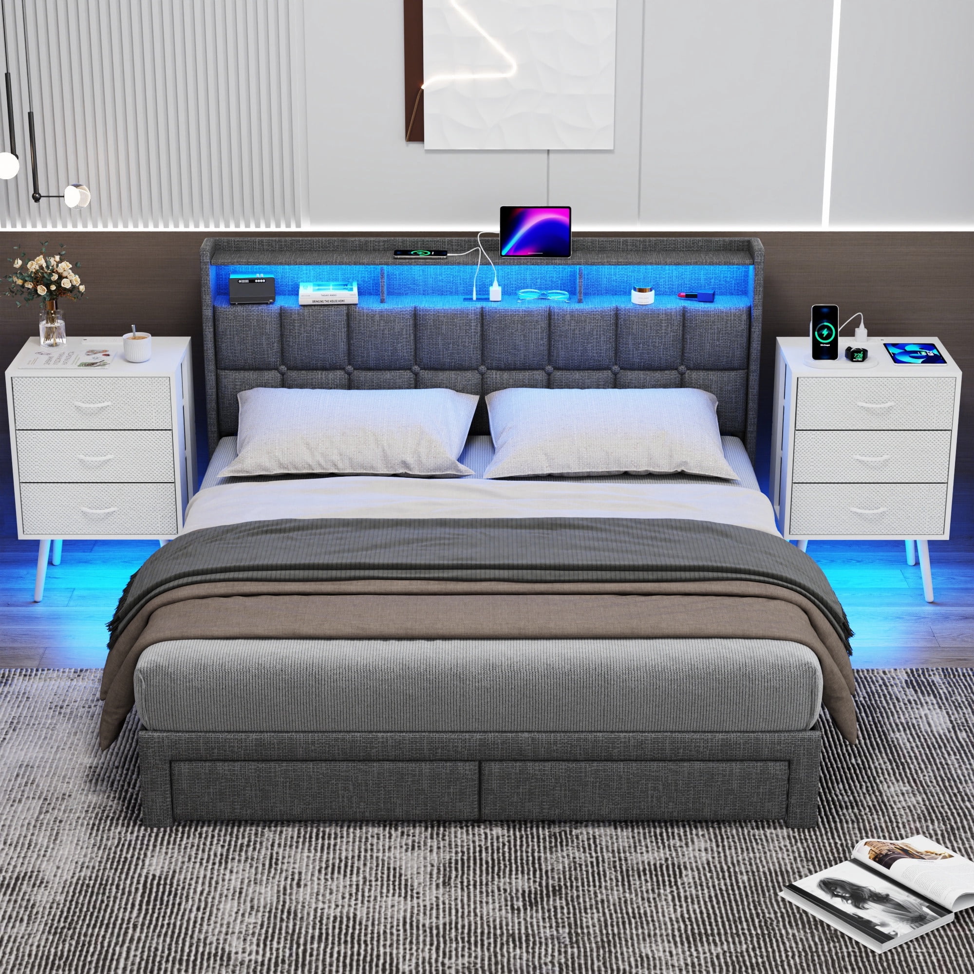 Nightstand Set of 2, Holaki Nightstand for Bedroom with Charging Station, Modern Nightstand with 3 Storage Drawer & 20 Colors LED Lights, Bedside Table for Living Room, White