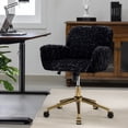 thumbnail image 5 of Artificial Rabbit Hair Home Office Chair with Wheels & Golden Metal Base, Height Adjustable Swivel Vanity Chair, Black, 5 of 7