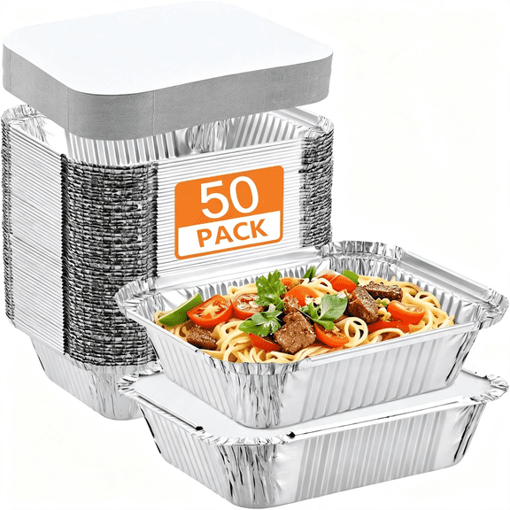 50 Pack Aluminum Pans with Lids, 8.6"×6.3" Disposable Tin Foil Pans with Lids, Disposable Aluminum Food Containers with Lids for Take-out, Meal Prep, Freezer, Food Storage & To-Go