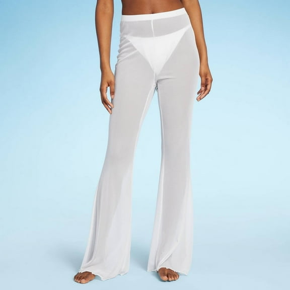 Women's Mesh High Waist Flare Cover up Pants ‚White S
