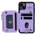 thumbnail image 6 of Crossbody Wallet Case for iPhone 14 with Card Slot Holder, Magnetic Flip Folio Purse Case, PU Leather Zipper Handbag with Detachable Lanyard Strap & Shoulder Strap, Purple, 6 of 8