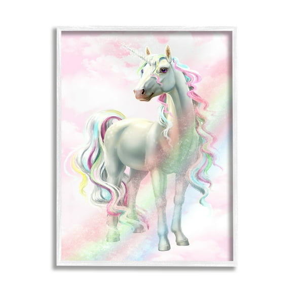 Stupell Industries Unicorn Rainbow Clouds Pink Children's Dream Fantasy Graphic Art White Framed Art Print Wall Art, 24x30, by Ziwei Li
