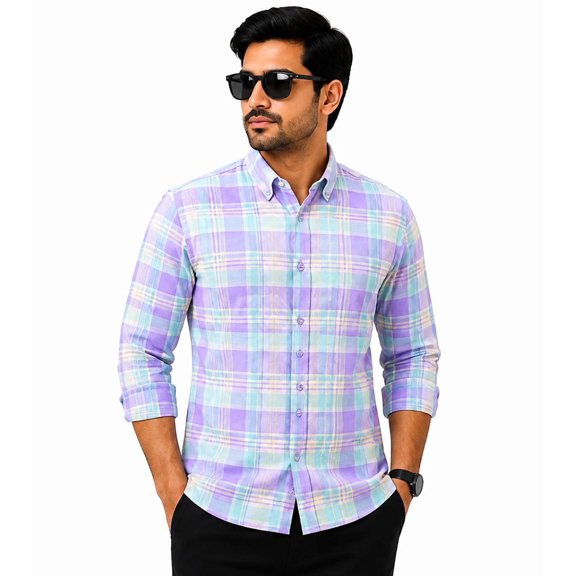 Men's Cotton Checkered Casual Shirt | Long Sleeve | Button Down Shirt | Regular Fit (Lavender-S)