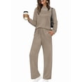 thumbnail image 2 of Two Piece Sets for Women Fall Outfits Long Sleeve Lounge Sets Side Slit Wide Leg Pants Camel Color M, 2 of 7