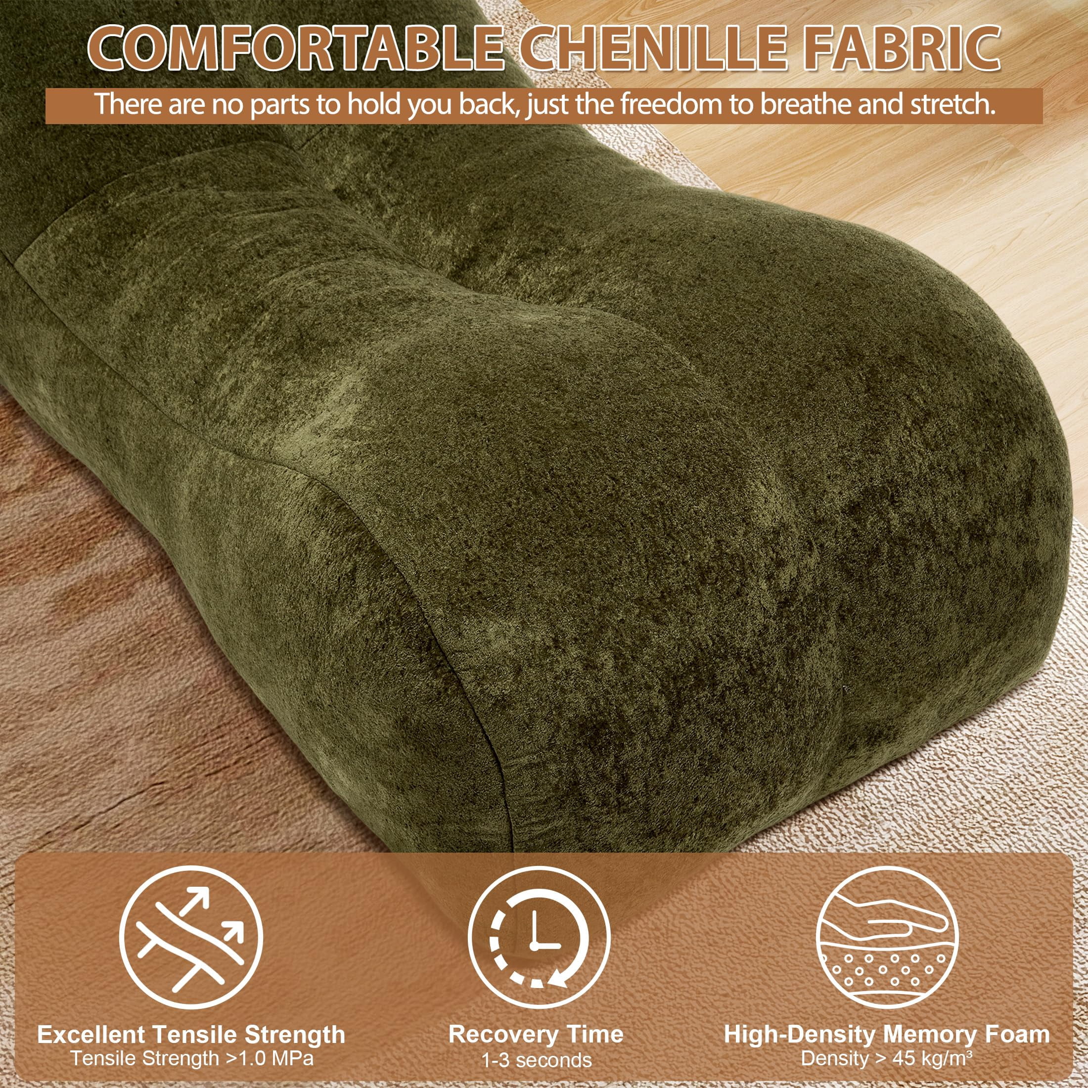Aukfa Chaise Lounge, Bean Bag Sofa for Stretching, Relaxation, High Density Foam Recliner, Olive