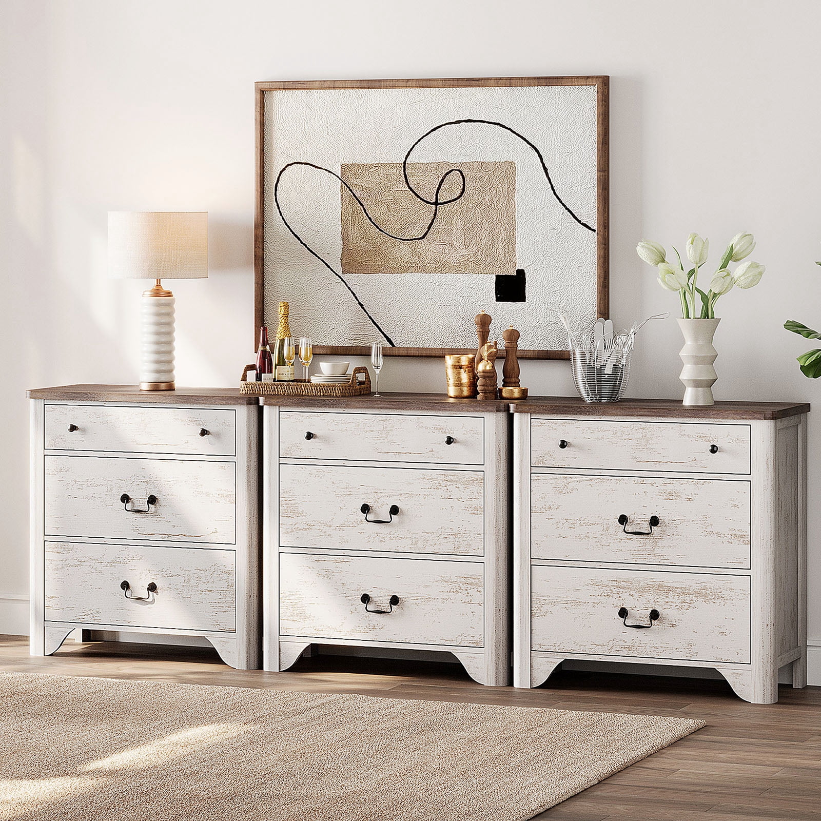 3 Piece Dresser Set, 94.5" W 9 Drawer Dresser,3 IN 1 Farmhouse Dresser, Nightstand, Side Table, Bedside Cabinet For Bedroom, Living Room