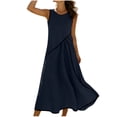 thumbnail image 4 of Long Dresses for Women Trendy Color Block Crewneck Maxi Sundress with Pockets Casual Summer Linen Blend Dress Navy 2XL, 4 of 9