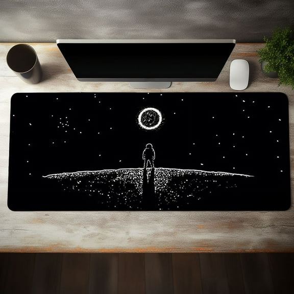 Astronaut Large Black Gaming Mouse Pad With Moon And Star Design, Non-Slip Rubber Desk Mat, Gamer Computer Laptop Office Mouse Mat Desk Pad