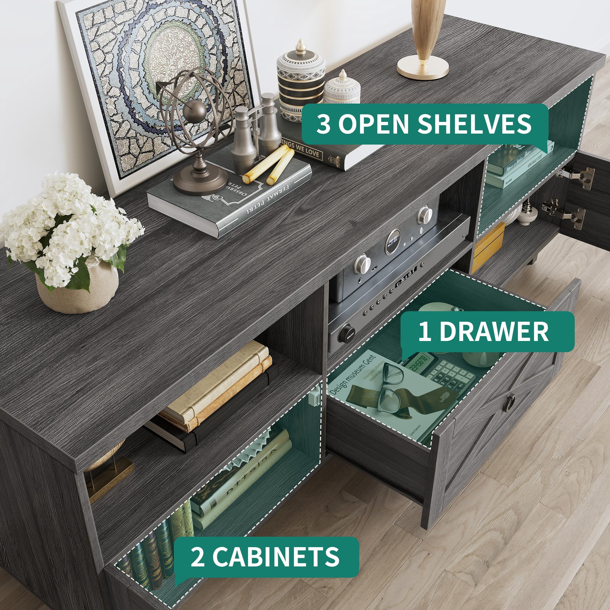 DEXTRUS Farmhouse TV Stand, Wood Media Console, 65 Inch, Dark Grey