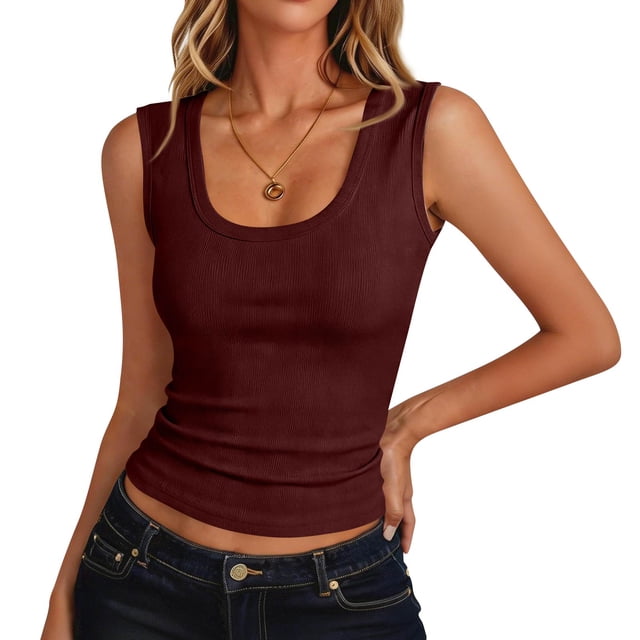 Womens Halter Tank Tops Ribbed Sleeveless Shirts Slim Casual Solid T Shirt, S
