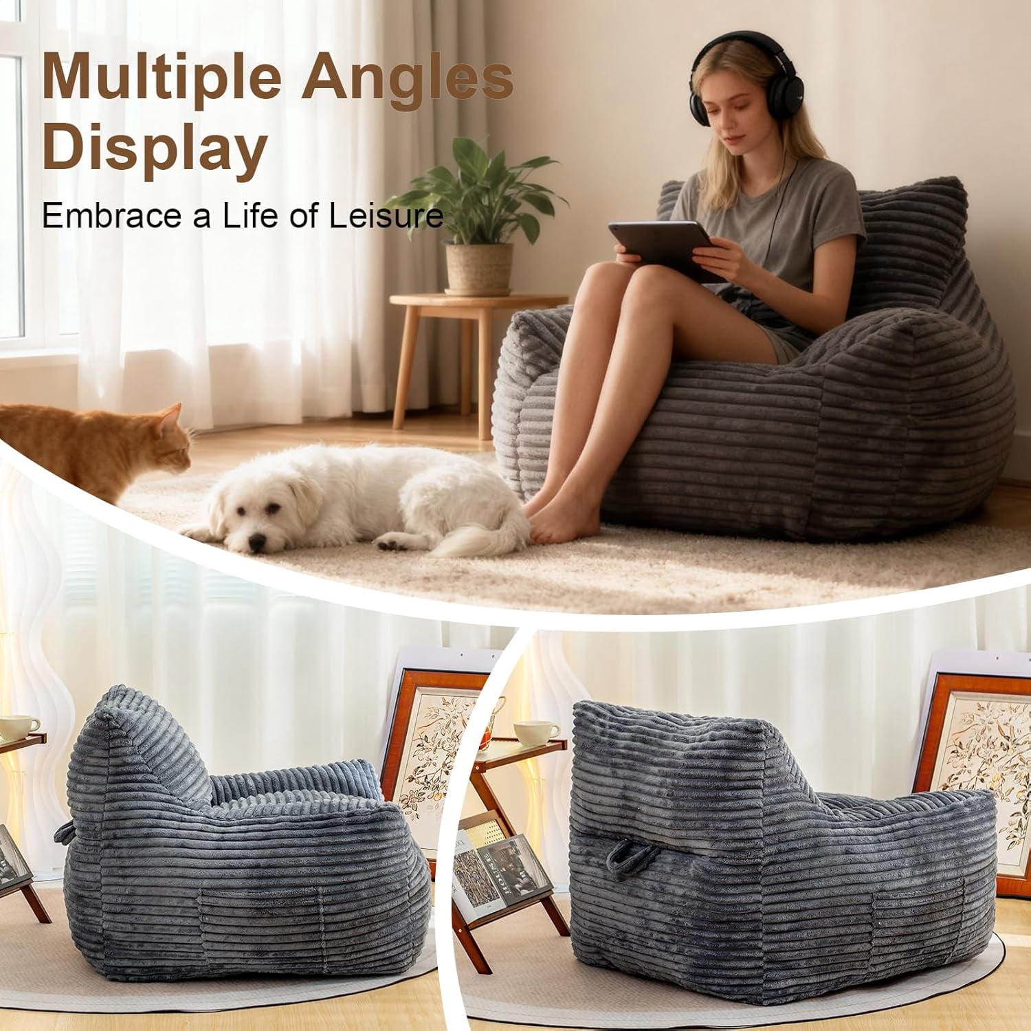 Ywen Bean Bag Chair for Adults & Kids, Giant Bean Bag Sofa with Side Pocket, Corduroy Beanbag Chair with Armrests, Comfy Stuffed Floor Sofa for Living Room Bedroom Dorm, Gray