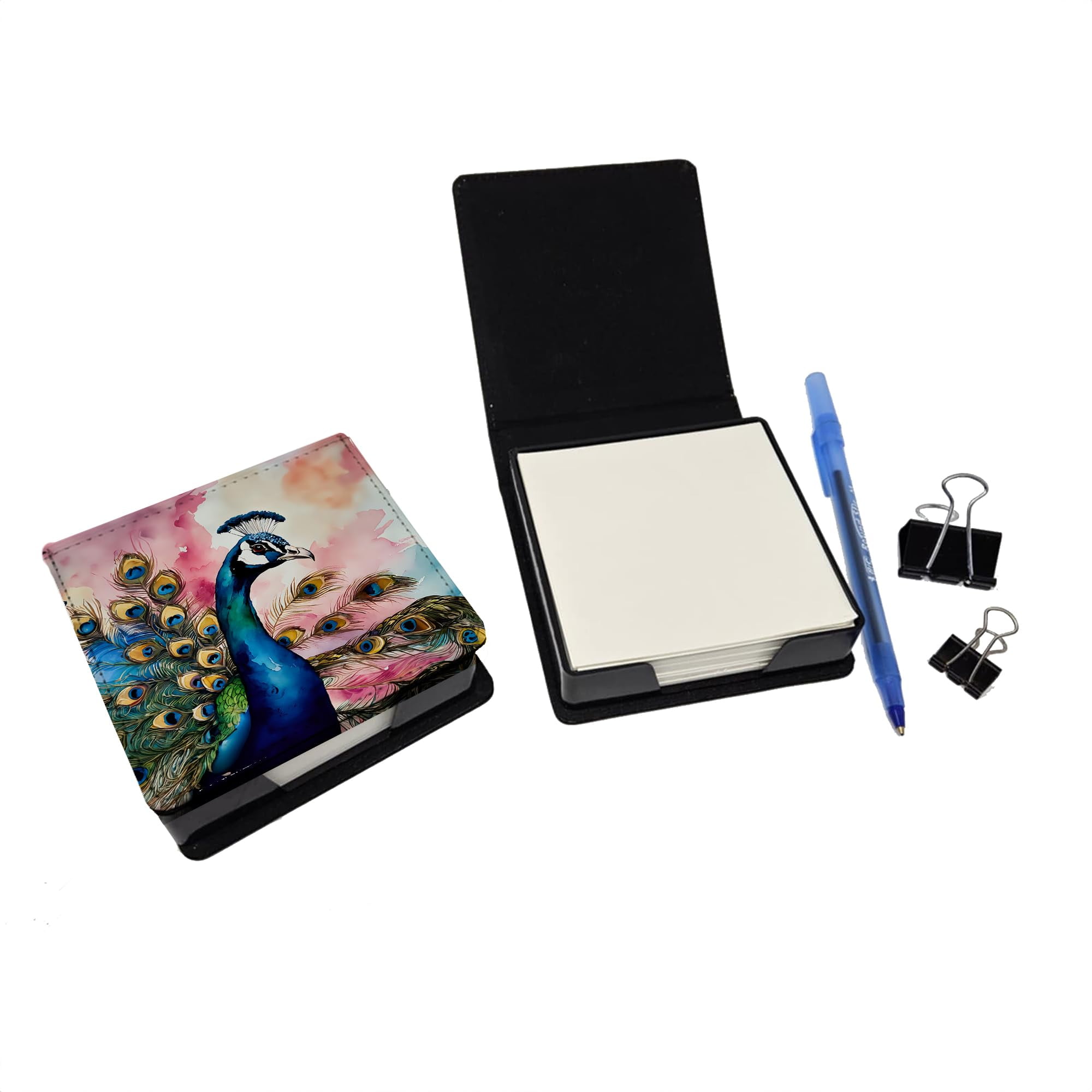 Caroline's Treasures Peacock PU Leather Note Paper Holder with Artist-Designed Cover, Desk Accessory, Office Gift