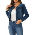 thumbnail image 4 of DARING DIVA Women's Button Down Collarless Cropped Denim Jacket L Dark Blue, 4 of 6