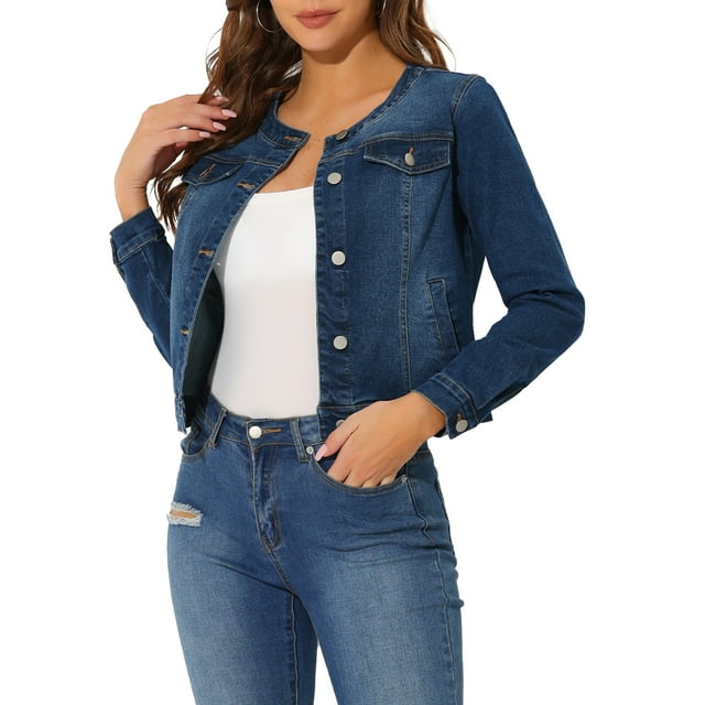 INSPIRE CHIC Women's Button Down Collarless Long Sleeve Cropped Denim Jacket Dark Blue S