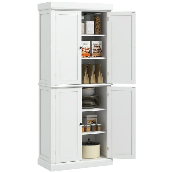 HOMCOM Freestanding 4 Door Kitchen Pantry Cabinet with Shelves White