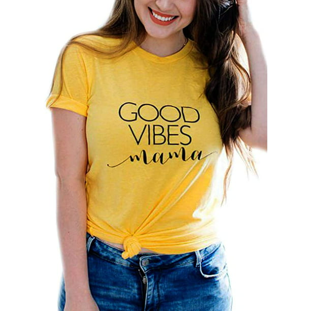YourTops Women Good Vibes Mama T-Shirt Good Vibes Shirt for Women (US 2XL,  Yellow)