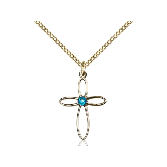 Gold Filled Loop Cross Pendant with 3mm December Blue Swarovski Crystal 3/4 x 1/2 inches with Gold Filled Lite Curb Chain