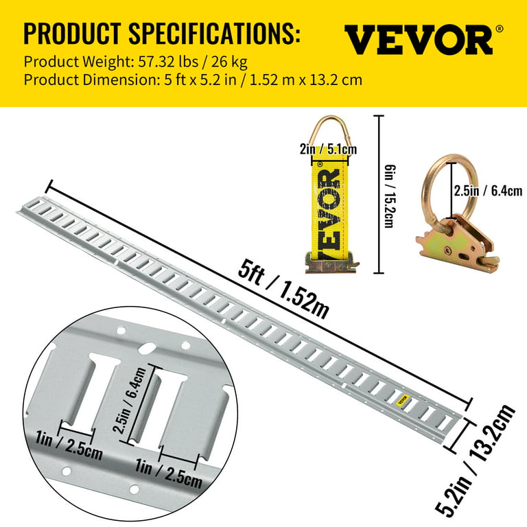 VEVOR E Track Tie-Down Rail Kit 34PCS 5FT E-Tracks Set Includes 8 Steel Rails & 2 Single Slot & 8 O Rings & 8 Tie-Offs w/ D-Ring & 8 End Caps