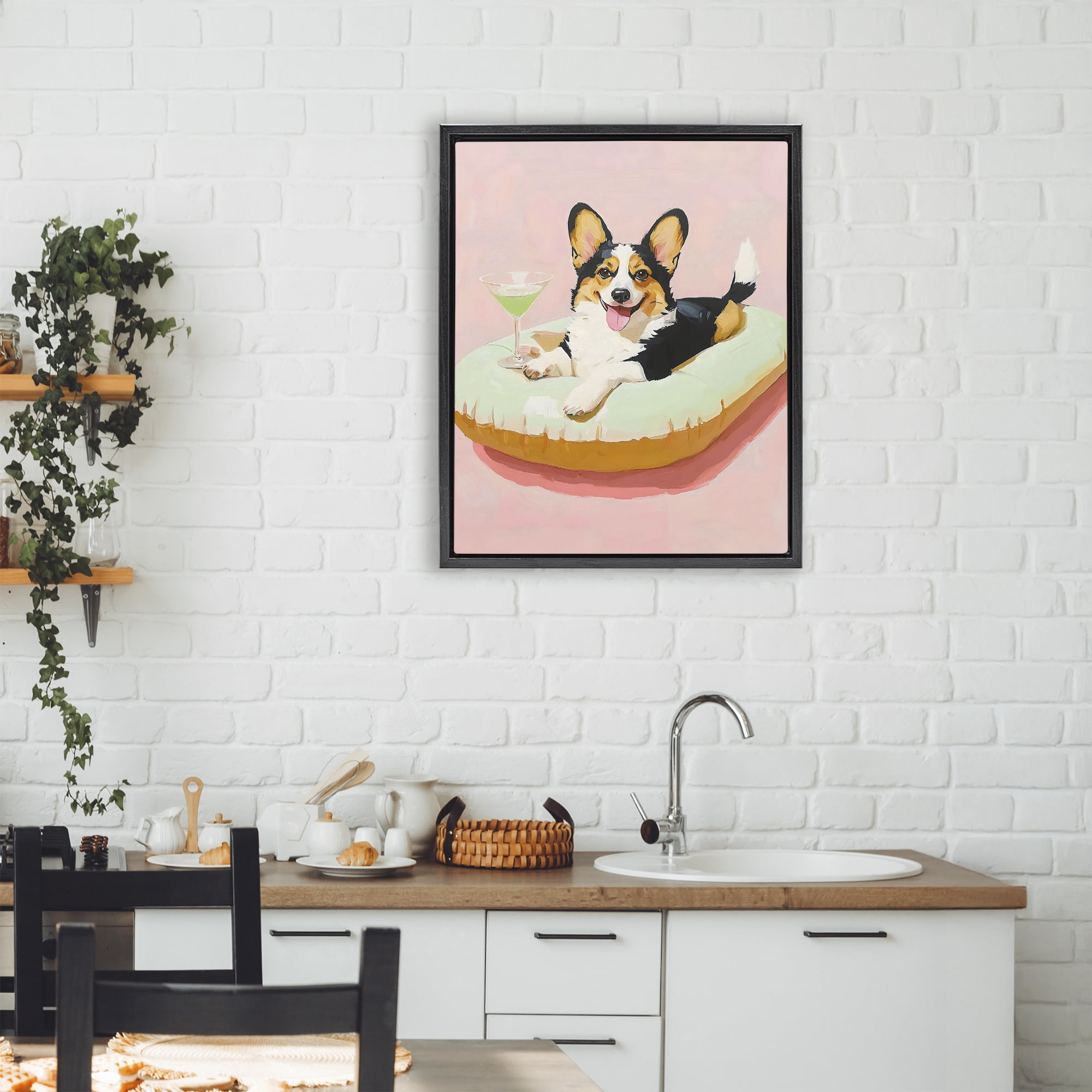 Stupell Industries Pastel Corgi with Cocktail Black Framed Floater Canvas Wall Art, design by The Prints Vibe