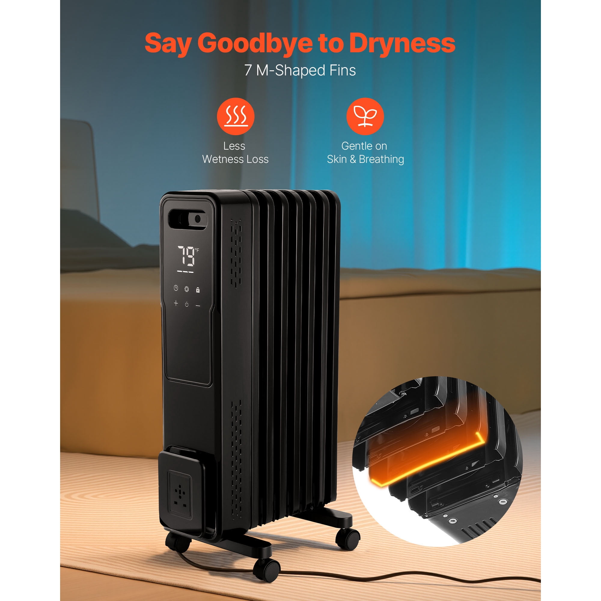 KFFKFF Electric Oil-Filled Radiator, 1500W Space Heater with Dual U-Shaped Heating Elements, Safety Features, Adjustable Heat Levels, 24-Hour Timer, Wheels for Mobility, Remote Control, Black
