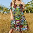 thumbnail image 4 of Floral Skull Print Casual Dress Sugar Skulls Pattern Stylish Dresses Sexy V Neck Elegant Trendy Dress Big Size, 4 of 7