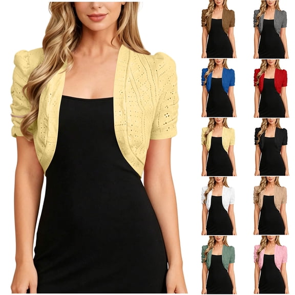 Chiccall Women's Solid Cropped Eyelet Knit Cardigan Puff Ruched Short Sleeve Open Front Lightweight Cover Up Jacket for Dress Wedding Evening