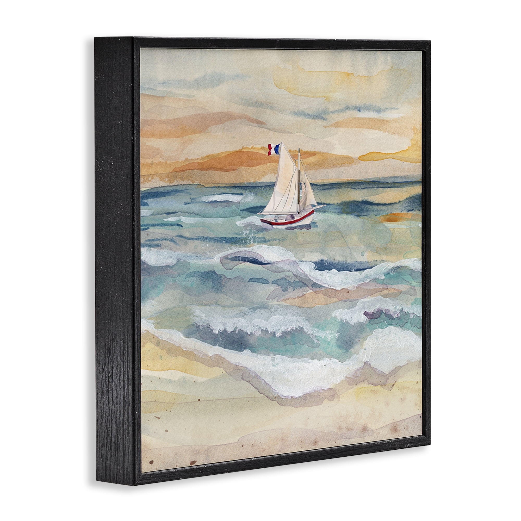 Stupell Industries Watercolor Boat Beach View Transportation Painting Black Framed Art Print Wall Art, 12 x 12