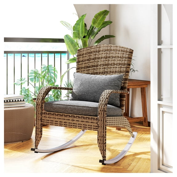 Adirondack Rocking Chair, Outdoor Wicker Patio Rocker with Cushion & Pillow, High Back, Gray