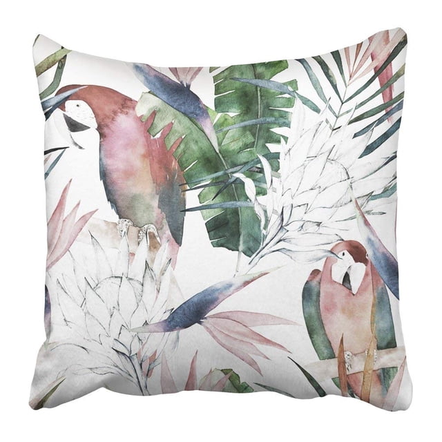 Funda de Almohada Colorido Animal Tropical con Loros Protea y Hojas Acuarela Verde Botánico 45x45 cm ABPHQTO