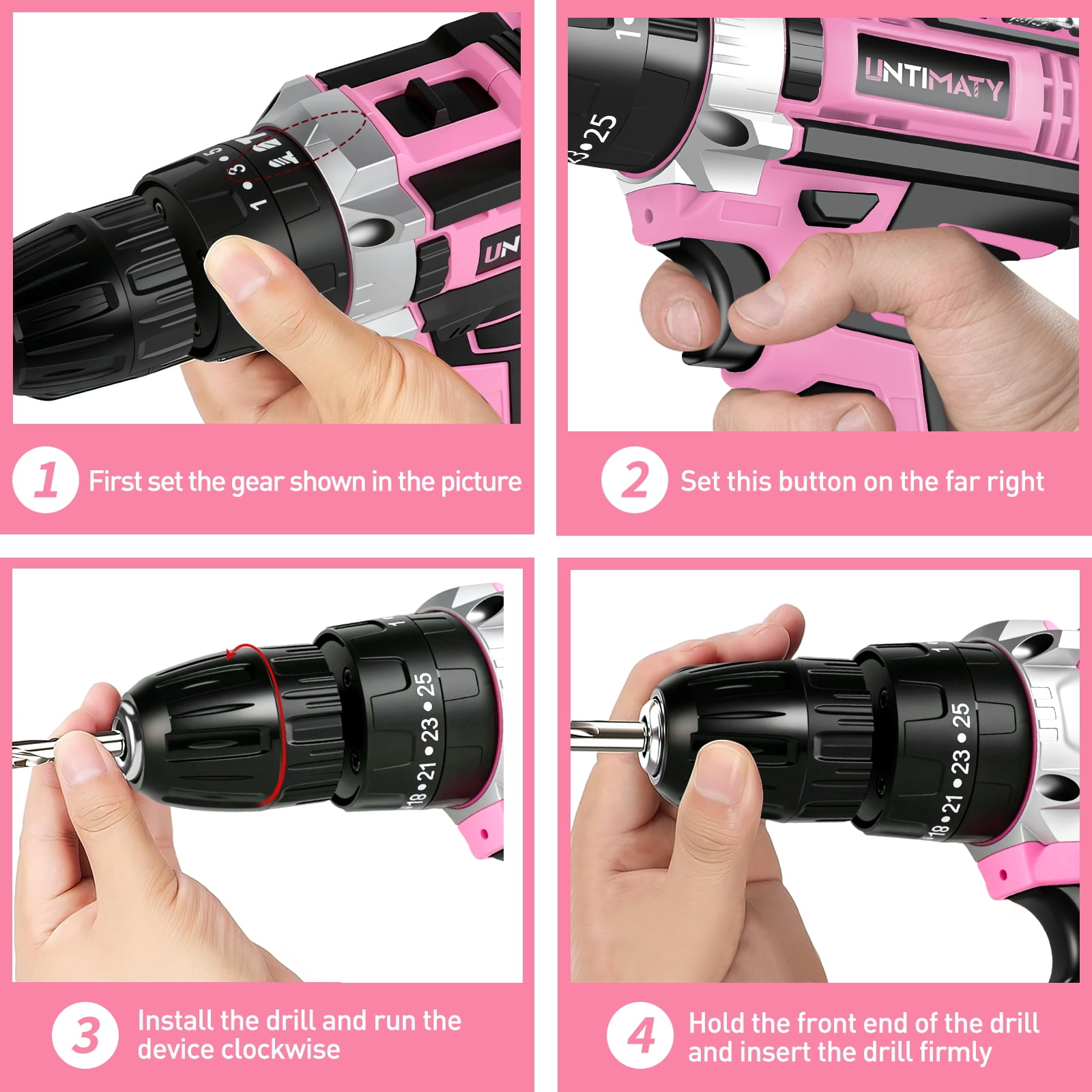 UNTIMATY 21V Cordless Power Drill Set, Power Drill Driver Kit with Lithium-Ion Battery and Charger, 3/8-Inch Keyless Chuck, 2 Variable Speed, 25+3 Position and 31pcs Drill/Driver Bits, Pink